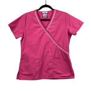 Medical Scrubs Top Womens XS Pink Short Sleeve V Neck Overlap Front Pockets